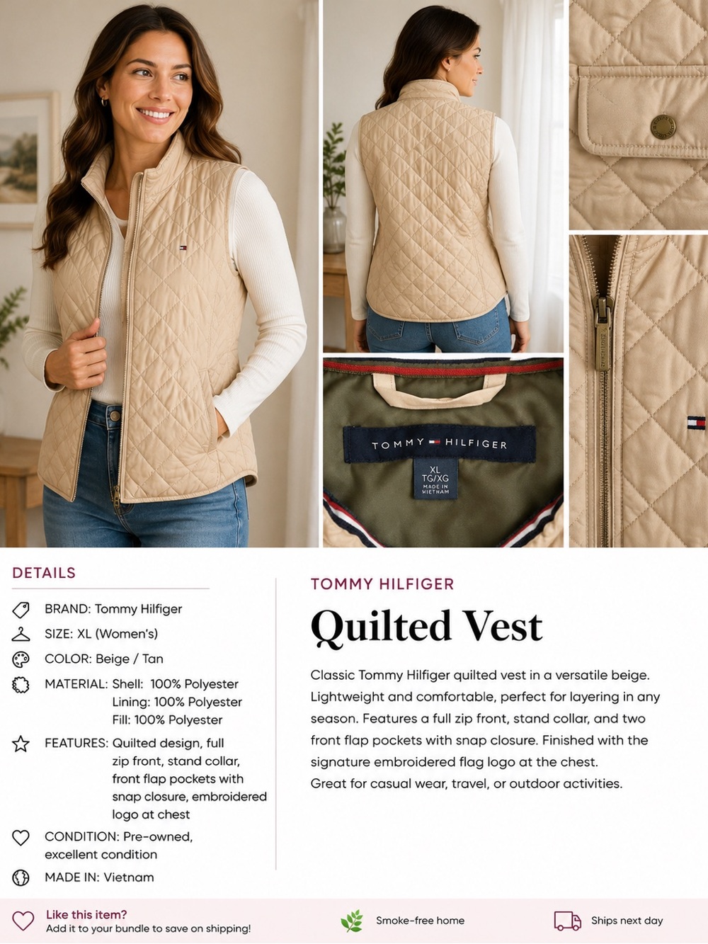 Tommy Hilfiger Quilted Tan Vest with Embroidered Logo